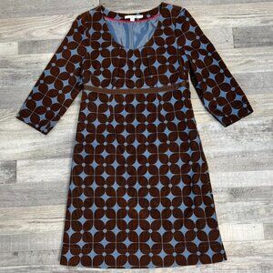 Boden Brown Blue Floral Corduroy Empire Waist Dress 3/4 Sleeve P27